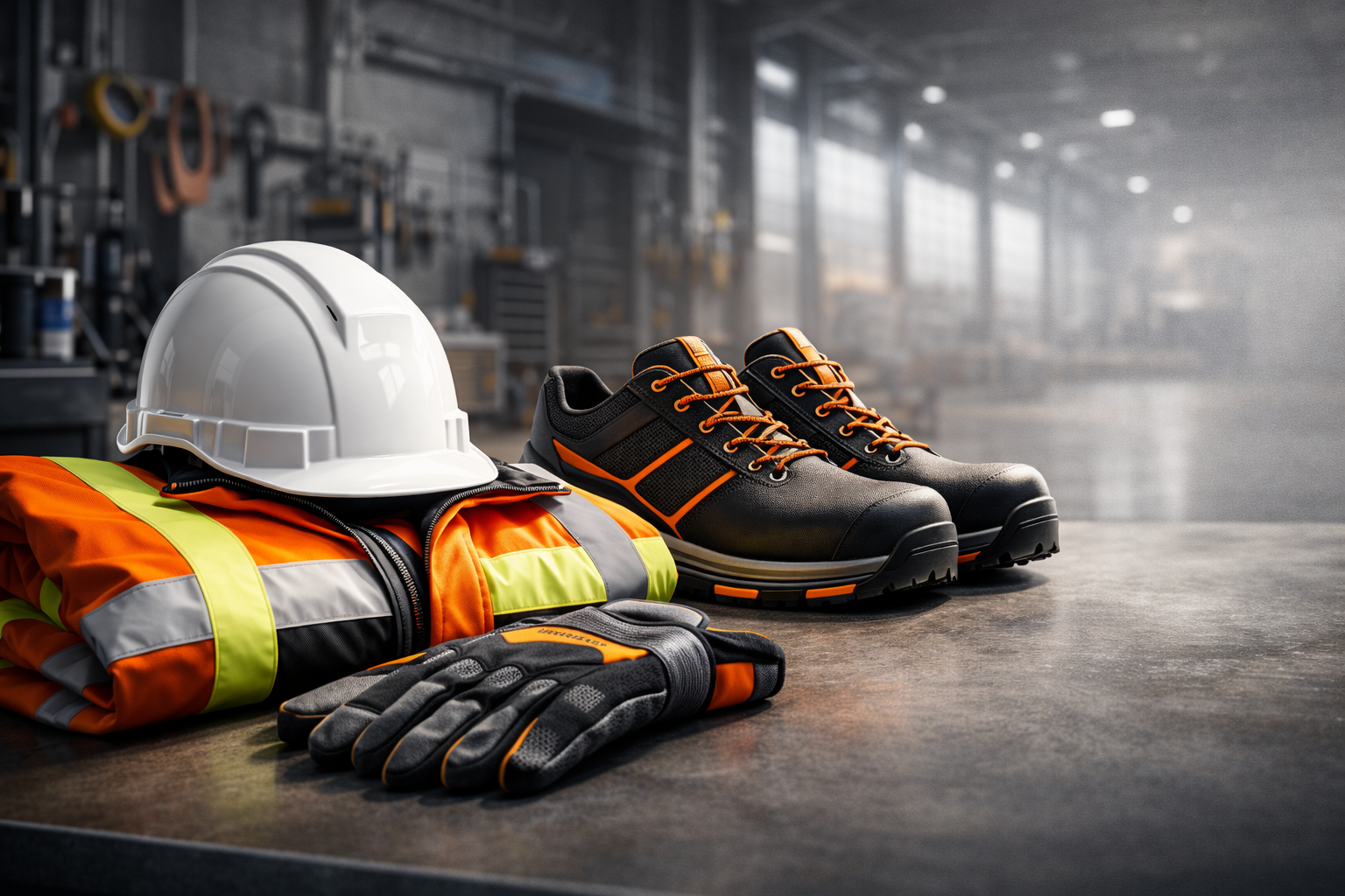 Industrial personal protective equipment including hard hat, high-visibility safety jacket, gloves, and steel-toe work boots in a factory workshop.